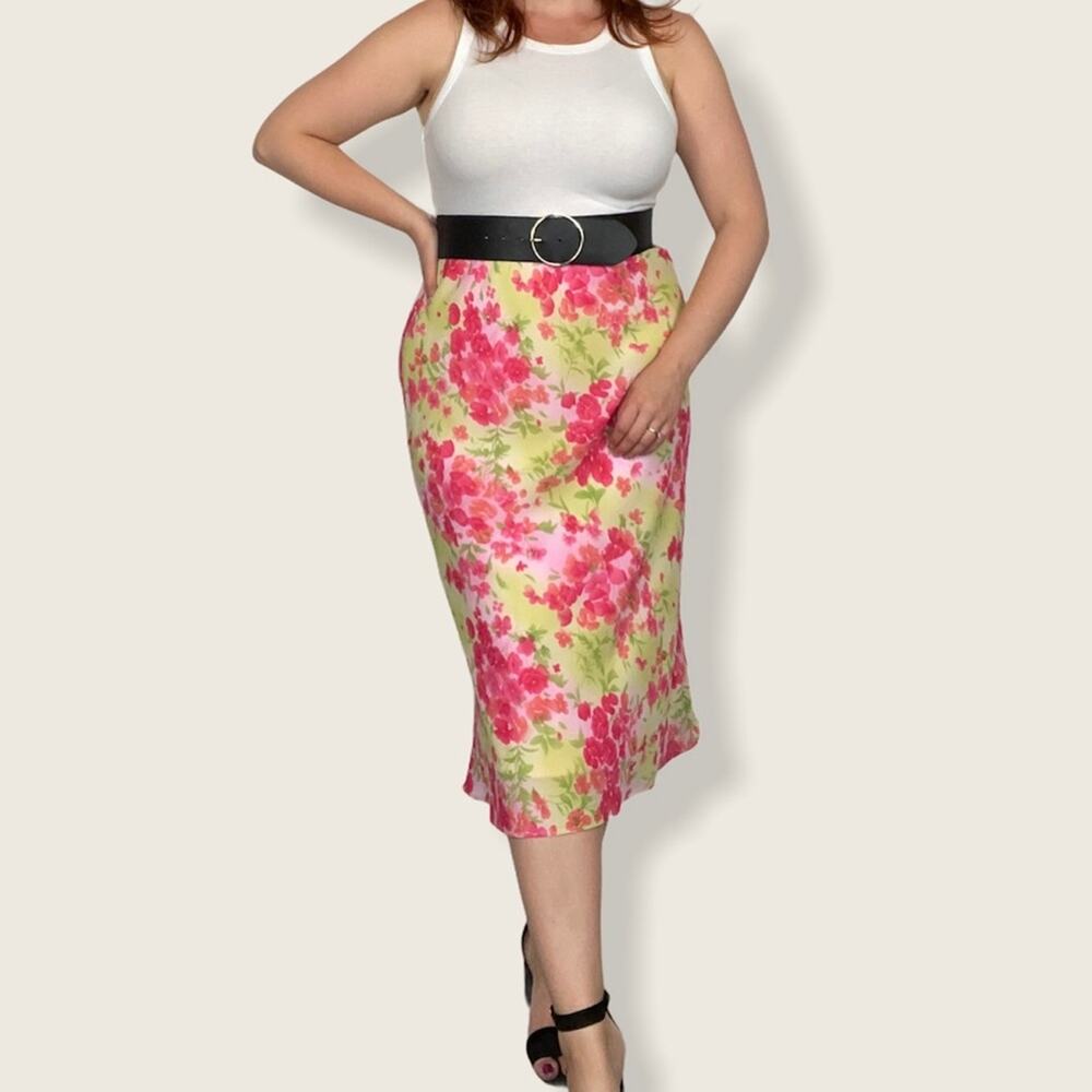 Vintage SL Fashions Petites Size 12 Pastel Pink/Yellow Floral Print Midi Skirt - Picture 2 of 11